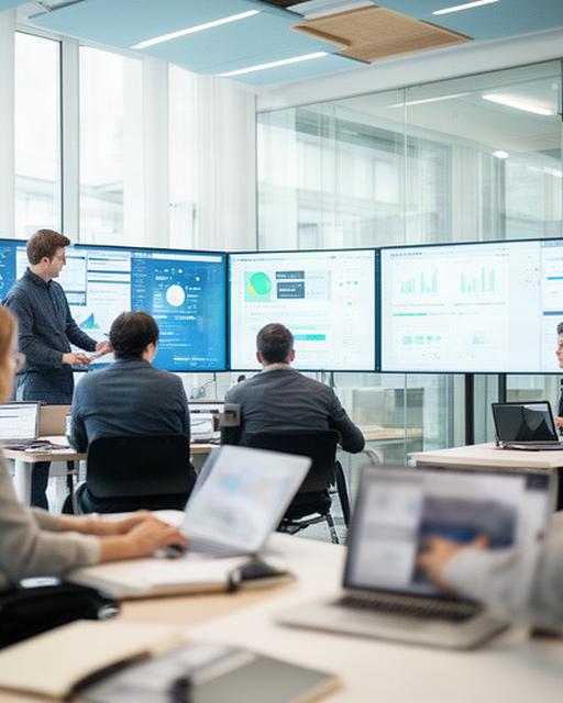 Editors reviewing technology headlines on large screens in a bright UK newsroom